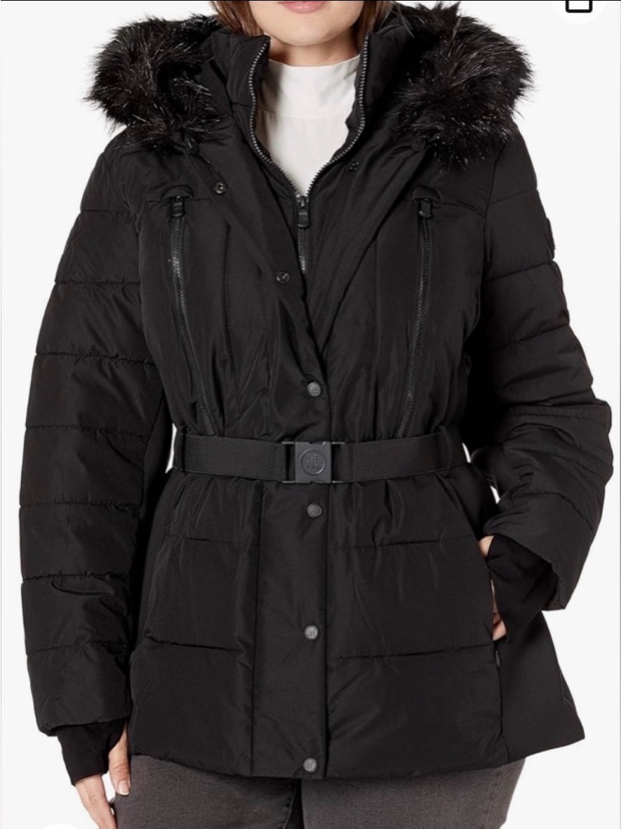 London Fog Black Quilted Hooded Puffer Coat With Faux-Fur Trim